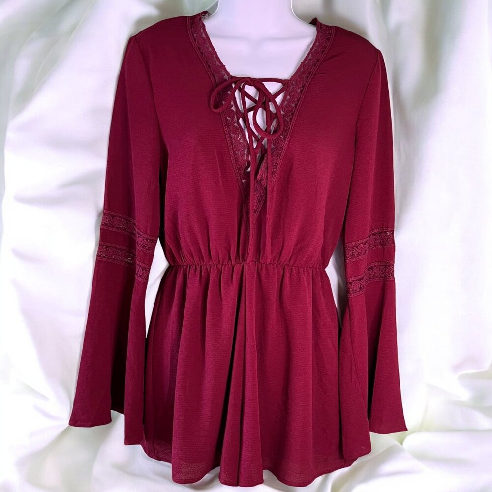 Burgundy Crochet Trim, Bell Sleeve Mini Romper - Juniors Medium